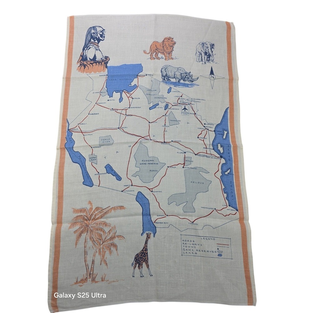 Africa Map Linen Tea Towel Living in Africa Lion Giraffe Rhino